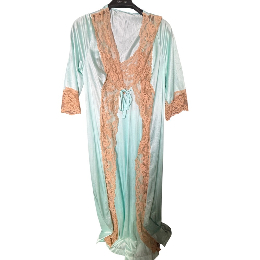 Vintage Henson Kickernick Mint Green Peach Lace Nightgown Robe Set Size 34